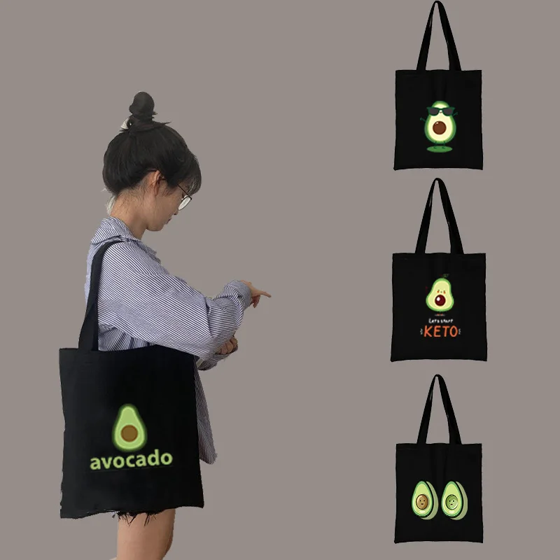 

Women Shopping BagsFashion Black Printing Handbag Canvas Tote Bag Cute Avocado Cartoons Pattern Series Eco Shopper Shoulder Bag