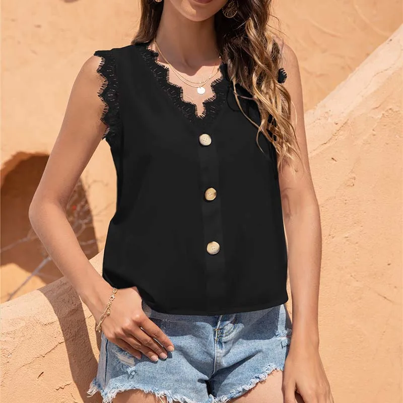 V Neck Lace Patchwork Sleeveless T Shirt Women Casual Loose Button Solid Color Tops Female Plus Size Streetwear Tee Shirt
