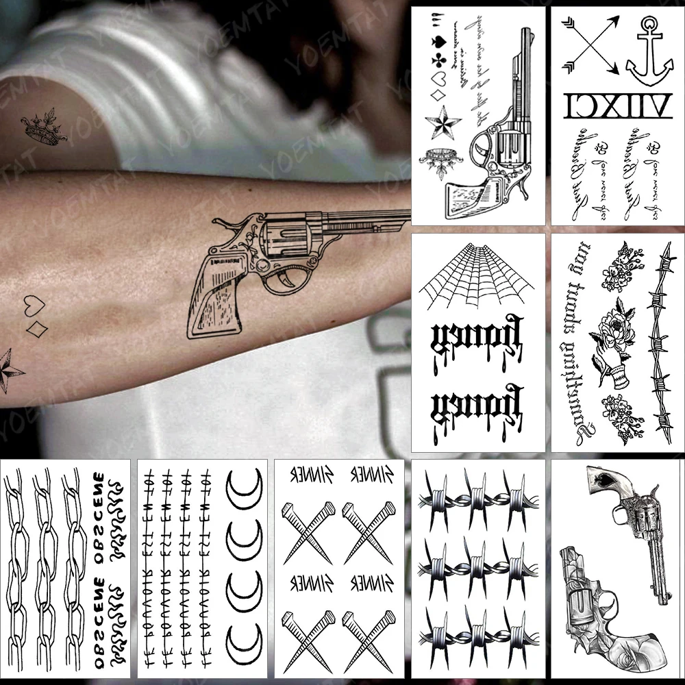 9pcs/lot Waterproof Temporary Tattoo Stickers Black Text Chain Spider Web Gun Flash Tatoo Men Women Wrist Body Art Fake Tatto