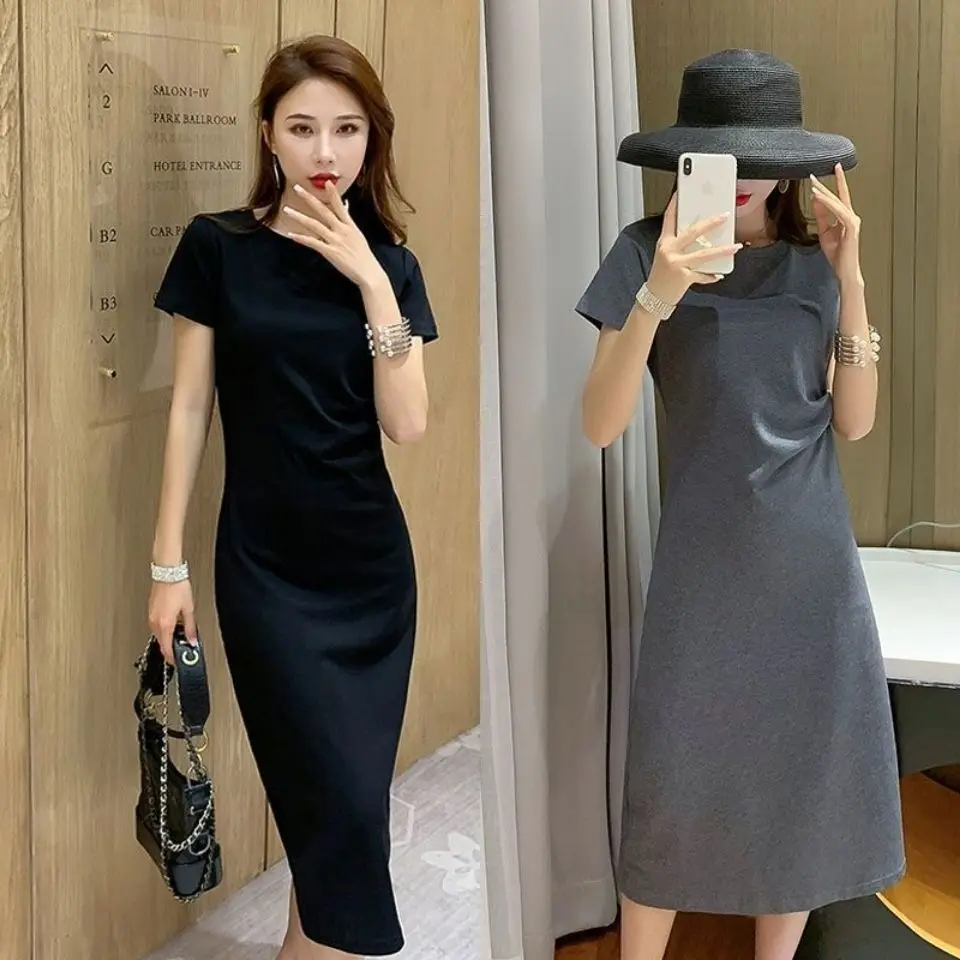 

Summer Dress Women'S New Short-Sleeved Loose Large Size Waist Thin Round Neck T-Shirt Mid-Length Skirt