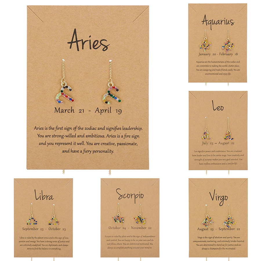 

Colorful Zircon 12 Constellation Dangle Earring Zodiac Stars Sign for Women Cute Rhinestone Ear Line Astrology Piercing Jewelry