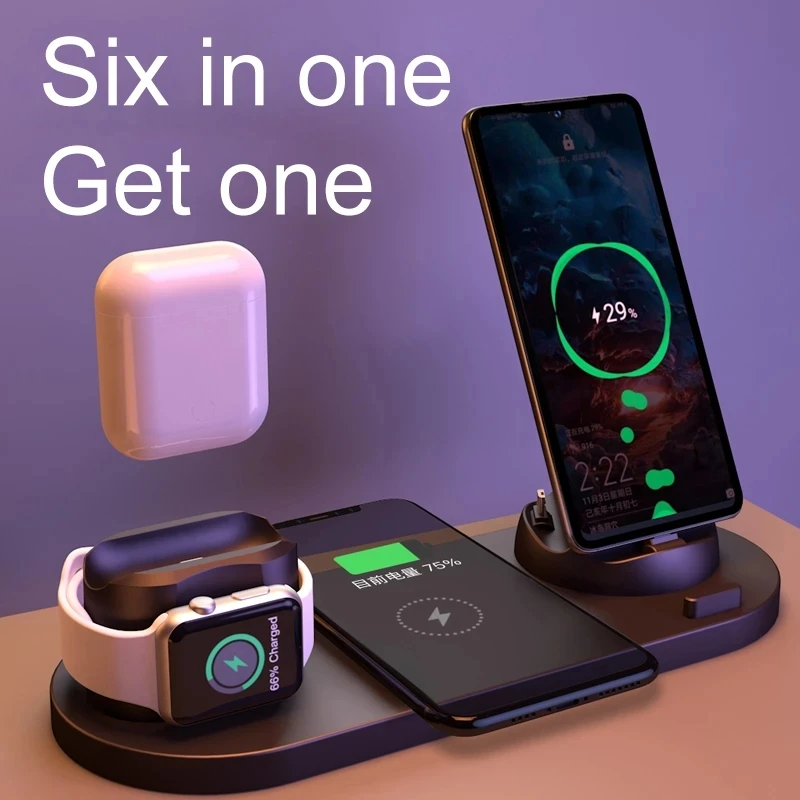 

2021 EXPUNKN Wireless Charger 6 in 1 10w Qi Fast Stand Carga Rapida Carregador Sem Fio for Iphone Apple Watch Airpods