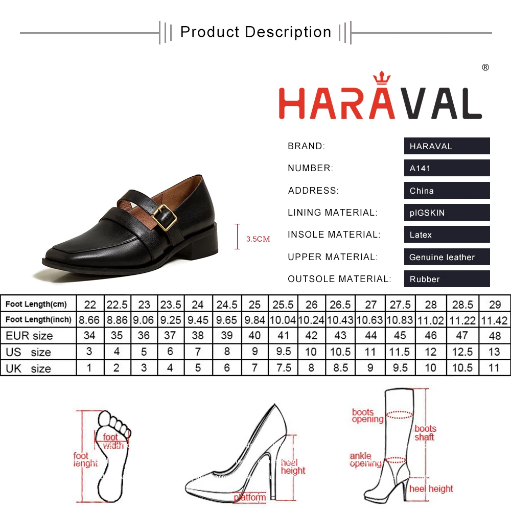 

HARAVAL Women Pumps Shoes Fashion Ankle Casual Shoes Female Genuine Leather Buckle Square Toe Black Brown Slip On Pumps A141