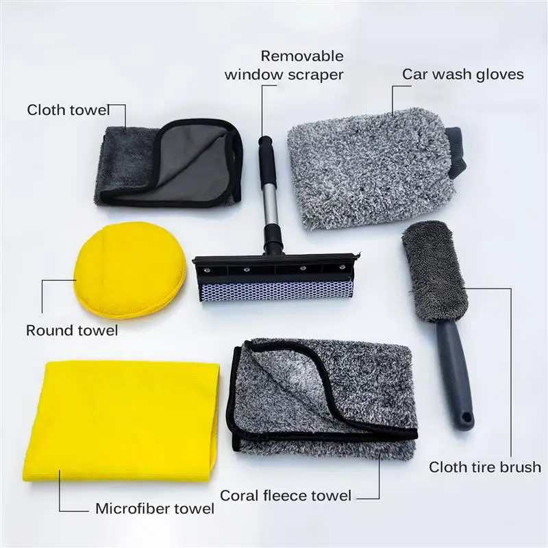 

Durable Car Wash Shop Tools and Supplies Removable Window Scrapers with Car Wash Towels Wipes Sponges Wax Cakes Tire Brushes