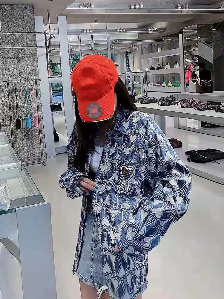 

New pattern Versatile Embroidery Peach heart Denim blue Printed shirt High quality Neutral Jacket Spring and Autumn New 2021