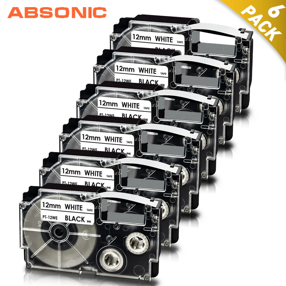 

Absonic 6PCS for Casio XR-12WE Black on White Label Tape XR12WE 12mm Label Cartridge Printer Ribbon For Casio KL-60 Label Maker