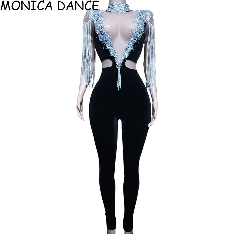 Silver Rhinestones Fringe Transparent Jumpsuit Black Velvet Stretch Leggings Chains Shoulder Outfit Singer Dance Wear Costume
