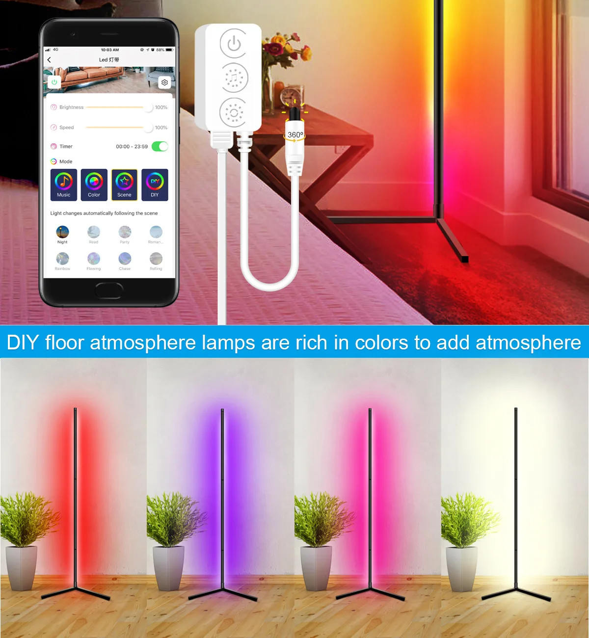 

RGB Corner Floor Lamp LED Interior Atmosphere Light Music Mode Blueteeth Colorful Bedroom Living Room Decorative Standing Lamps