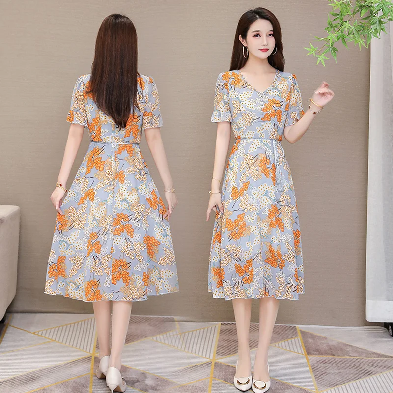 

Fashion Boho Slim Chiffon Orange Printed Dress Women Summer Elegant V-neck Dress Retro Floral Beach Holiday Party Dress Vestidos