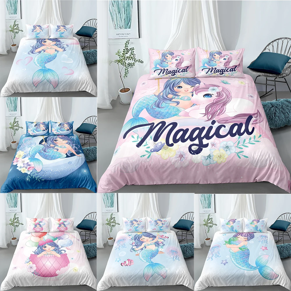 

2021 3D Cartoon Bedding Set For Girls Princess Mermaid Bed Covers Duvet Cover Baby Kids Children Adults Size Bed Suits 2/3pcs
