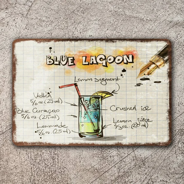 

Blue Lagoon Cocktail Recipe Menu Vintage Style Retro Metal Sign, Bar Pub Mancave Tin Sign
