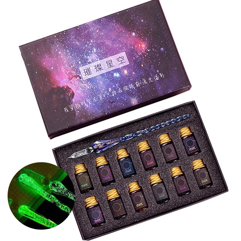 Светящаяся стеклянная перьевая ручка винтажная подарочная набор стеклянных