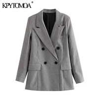 kpytomoa women 2021 fashion double breasted check blazer coat vintage long sleeve pockets female outerwear chic tops