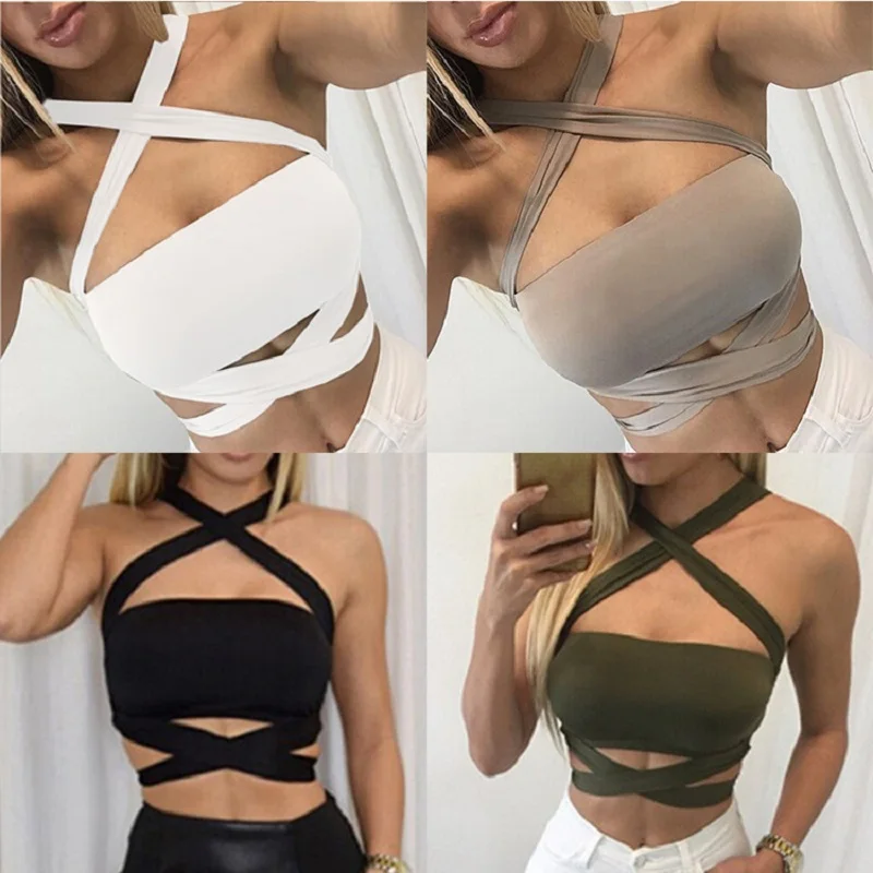 

Sexy Halter Bandage Crop Tops Women Criss Cross Backless Tanks Bustier Top Fashion Hot Black White 2XL Ladies Summer Top Outwear
