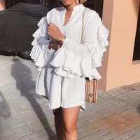2021 spring autumn new african solid color fashion casual ruffle women dress western style long sleeve single breasted casual
