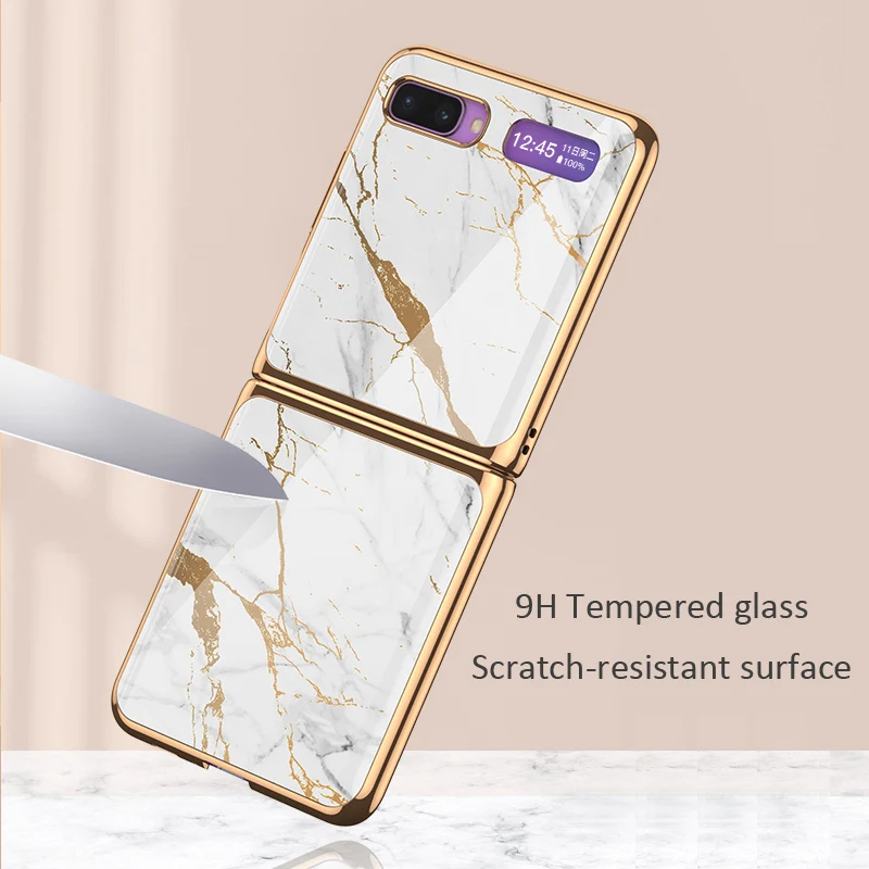 

For Samsung Galaxy Z Flip Case Marble Tempered Glass Hard Phone Cover For Samsung Galaxy Z Flip Luxury Plating frame Coques