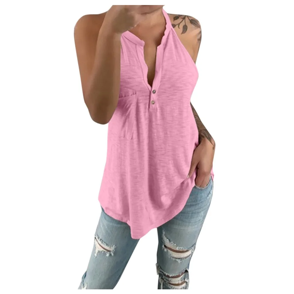 Повседневная Женская однотонная блузка с лямкой на шее без рукавов топы майки