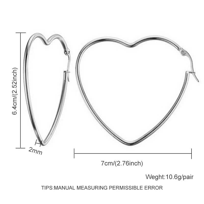 7cm heart Модные серебряные серьги-кольца из нержавеющей стали для женщин 10 мм 80 мм Большой Круг круглая петля креольские серьги ювелирные изделия Букле д 'ореиль - Окраска металла: 7cm heart