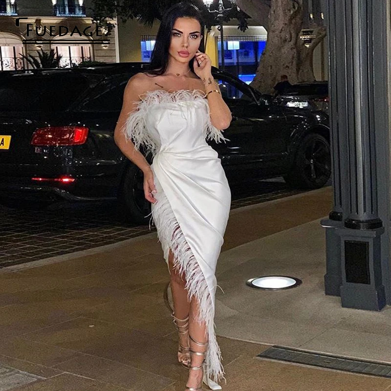 Fuedage Summer Satin Sexy Dress Women Feathers Long Strapless High Split Patchwork Backless Female Party Club Vestidos | Женская одежда
