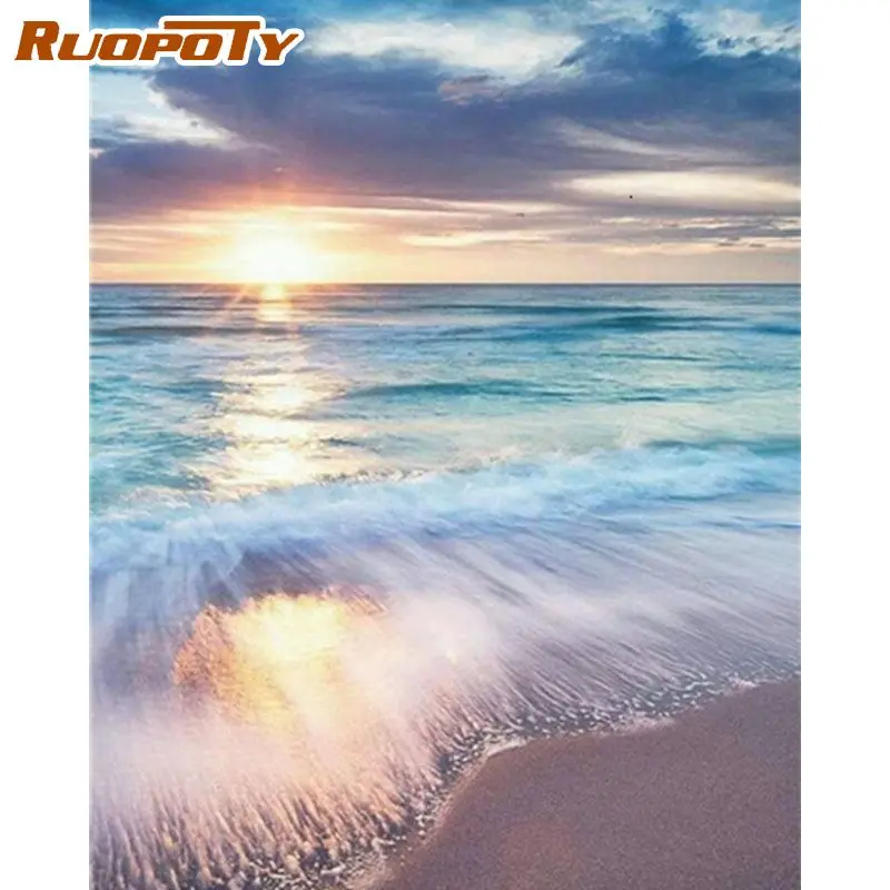 

RUOPOTY Sunset On Ocean Landscape Oil Painting By Numbers Kits For Children Diy Framed Paint Kits Unique Gift Handmade Artcraft
