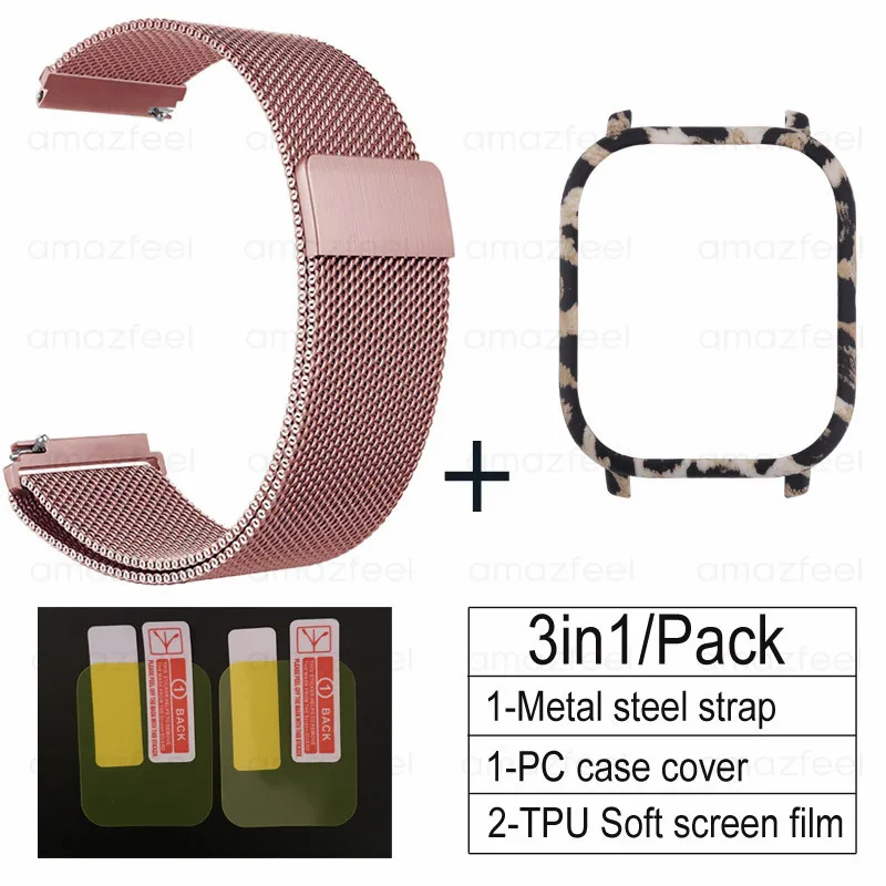 rose pink-Leopard E 3 в 1 Аксессуары для Amazfit GTS ремешок с чехол металлический Миланский Браслет для Huami Amazfit GTS Band Защитная пленка для экрана - Цвет: rose pink-Leopard E