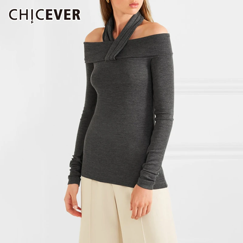 CHICEVER корейский свитер для женщин Холтер Slash шеи тонкий с открытыми плечами