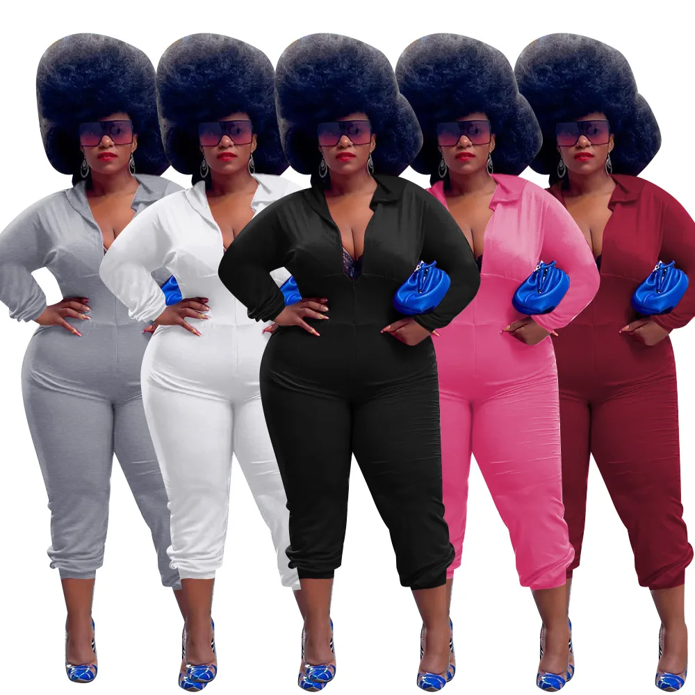 

2021 Autumn Solid Color Jumpsuits Women Plus Size Zipper Hooded High Waist Casual Pockets Lady Casual Rompers Hot Selling