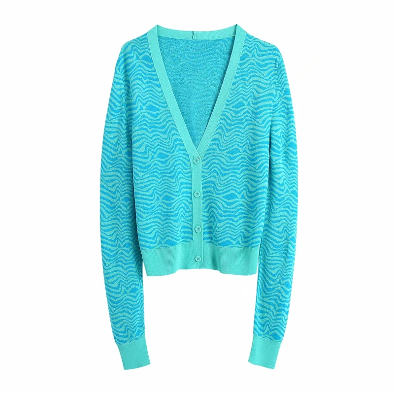 

SLMD Women Fashion Chic Wave Jacquard Knitted Cropped Cardigans Female V-Neck Buttons Sweater Coats Ladies Outfits