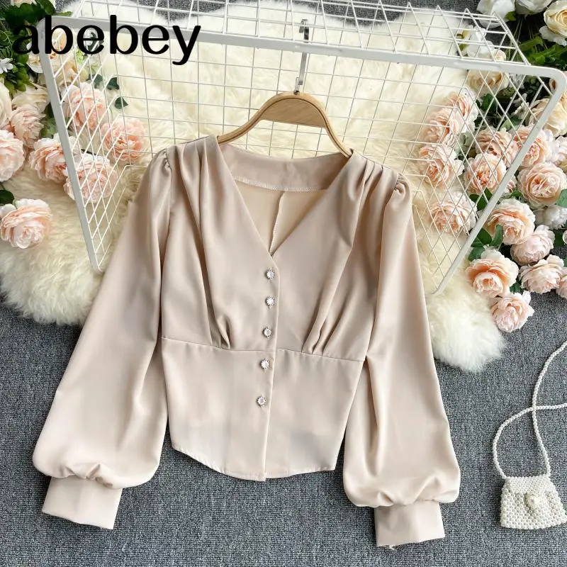 

Блузка женская шифоновая однотонная, с V-образным вырезом и пышными рукавами