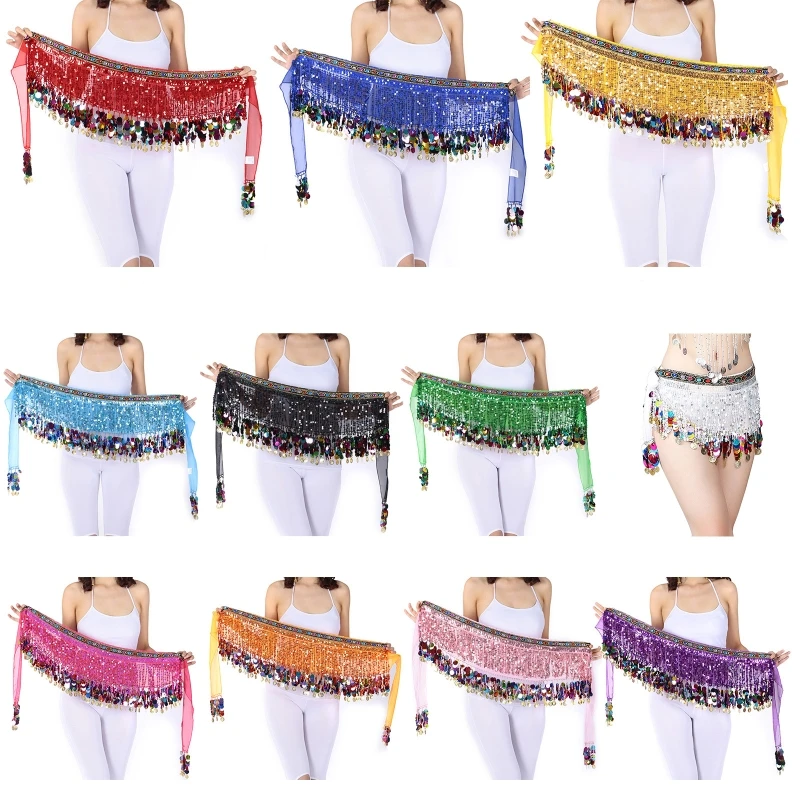 

Women Sequin Tassel Lace-up Sexy Wrap Mini Skirt Belly Dance Hip Scarf Glitter Waist Chain Stage Performance Costume