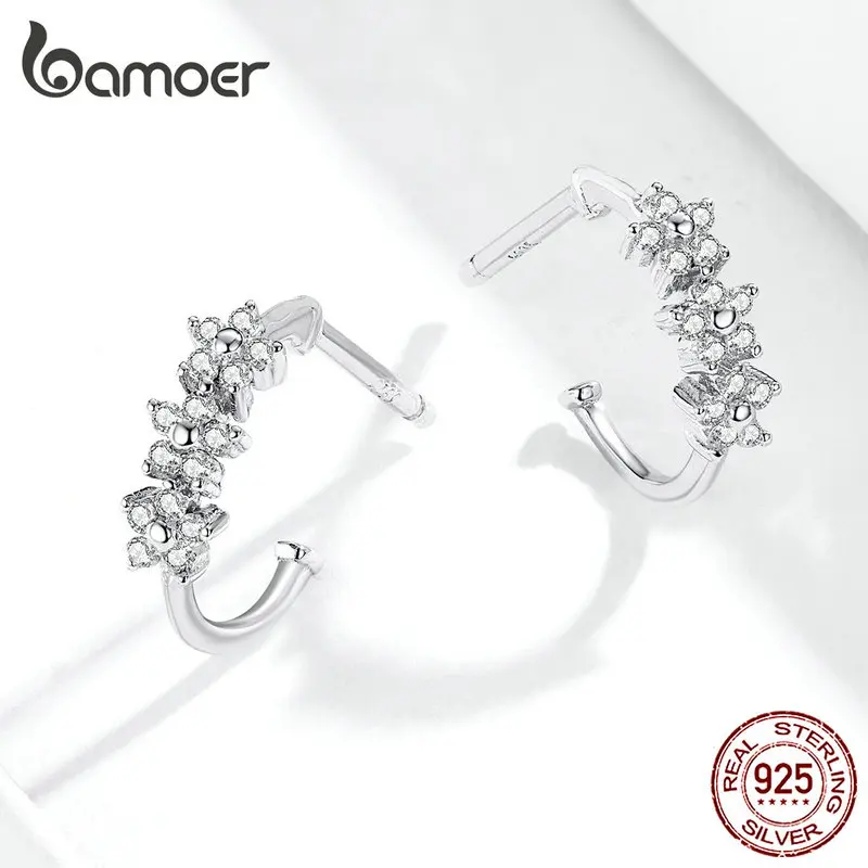 Bamoer, серьги-кольца с цветком, для женщин, натуральная 925 пробы, серебро, прозрачный Фианит, массивные Свадебные украшения для женщин, SCE756