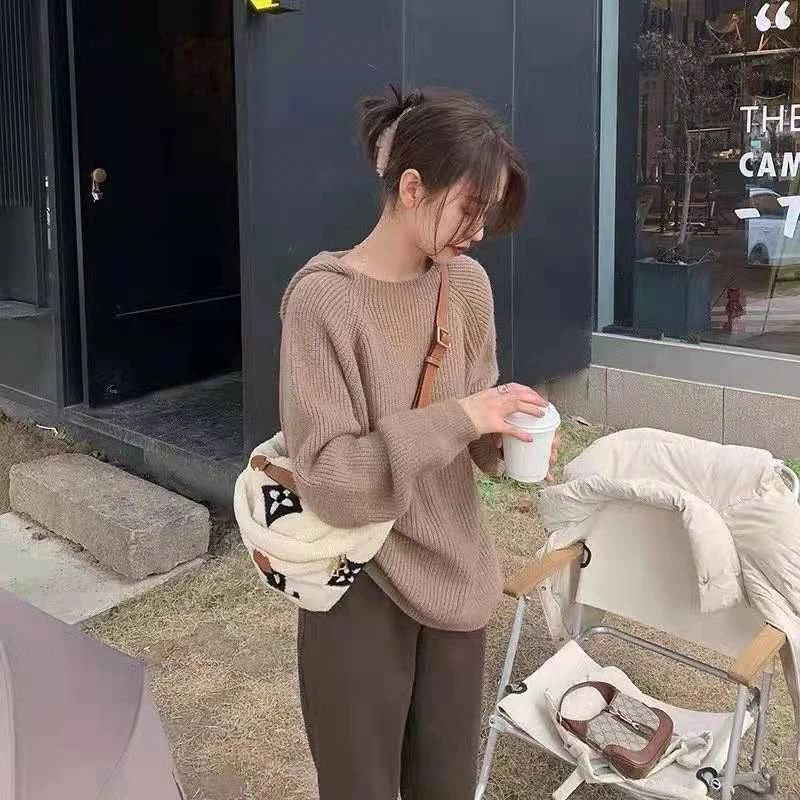 

Hooded Knitted Sweater Pullover Women Full Sleeve Solid Loose Tops Korean Fashion Ladies Women Jumpers Femme 2021