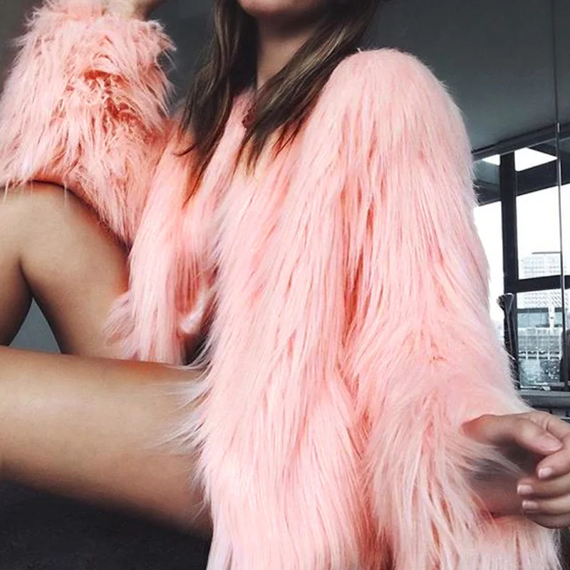 

2020 Autumn Winter Women Furry Faux Fur Coat Casual Fluffy Warm Long Sleeve Outerwear Tops Plus Size Hairy Collarless Overcoat