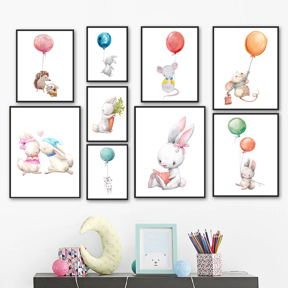 

Balloon Hedgehog Rabbit Couple Mouse Book Gift Wall Art Canvas Painting Nordic Posters And Prints Wall Pictures Kids Room Decor