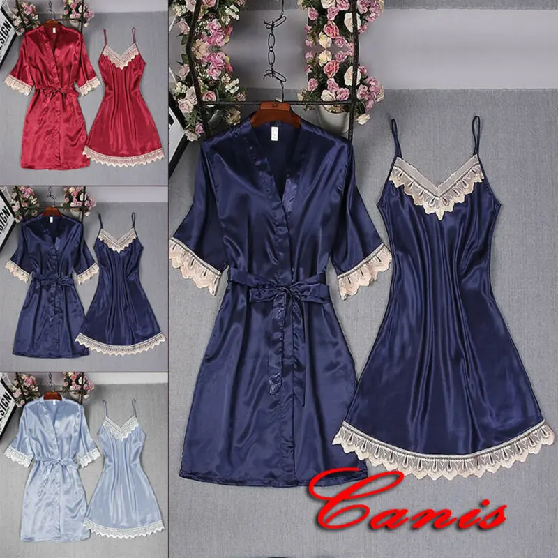 

2Pcs Fashion Women Sexy Dress Coat Sets Satin Lace Smoothy Loose Sleepwear Babydoll Lingerie Nightwear Shorts Pyjamas Set