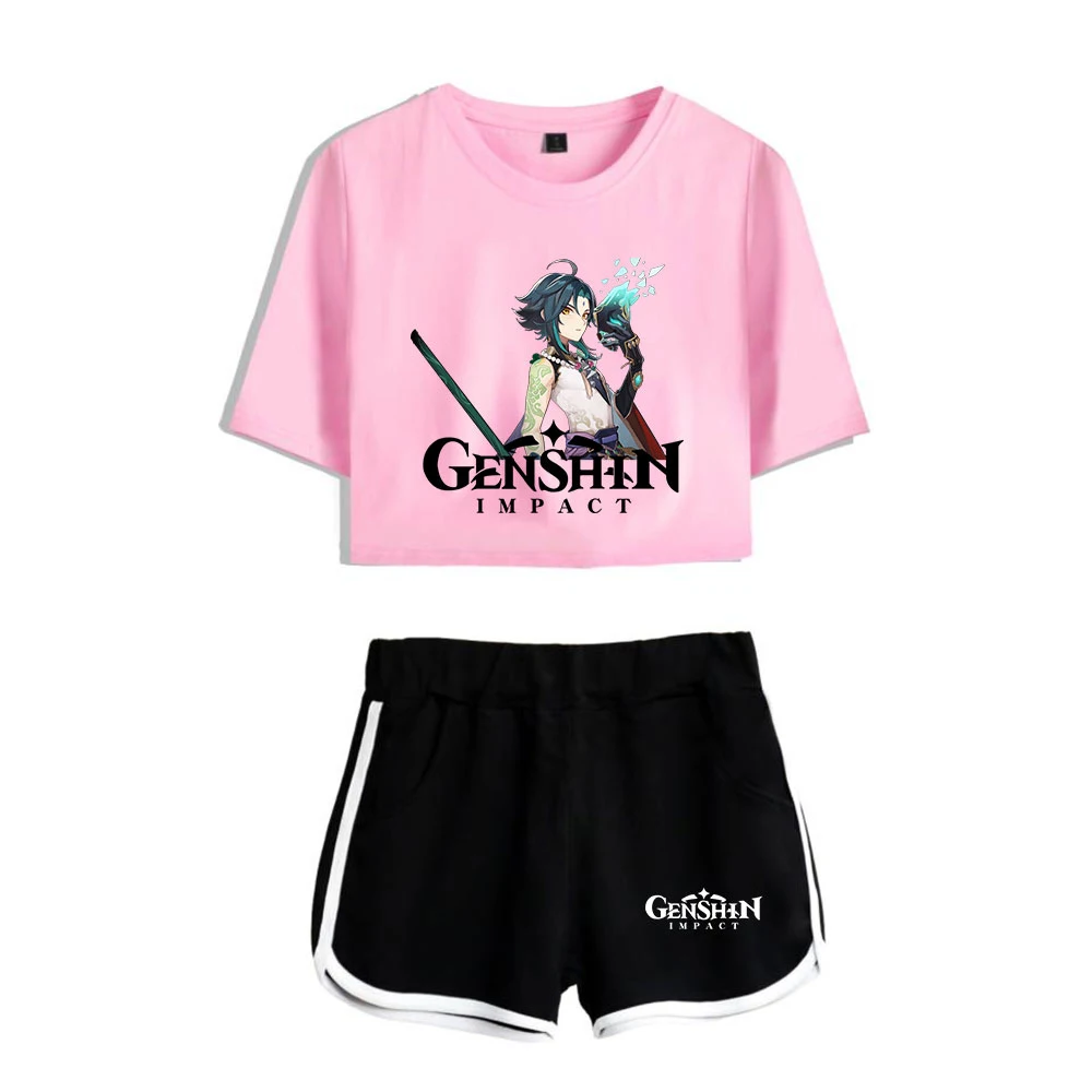 

2021 Hot Game Genshin Impact Print Two Piece Set Women Girl Shorts + Crop Top Hip Hop Streetwear Hot Tracksuits Pullovers