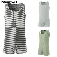 incerun striped men pajamas playsuit sleeveless button homewear comfy tank tops rompers sexy mens sleepwear shorts jumpsuits 5xl