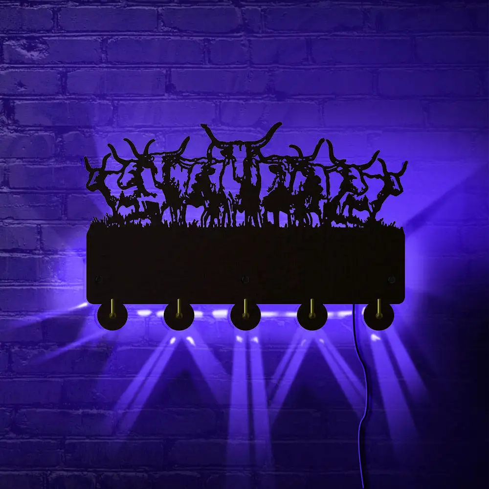 Дикая природа Buffalos деревянный настенный крючок со светодиодной подсветкой