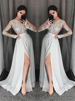 high split silver prom dresses see through sheer long sleeve lace top chiffon skirt floor length evening dress prom gowns custom