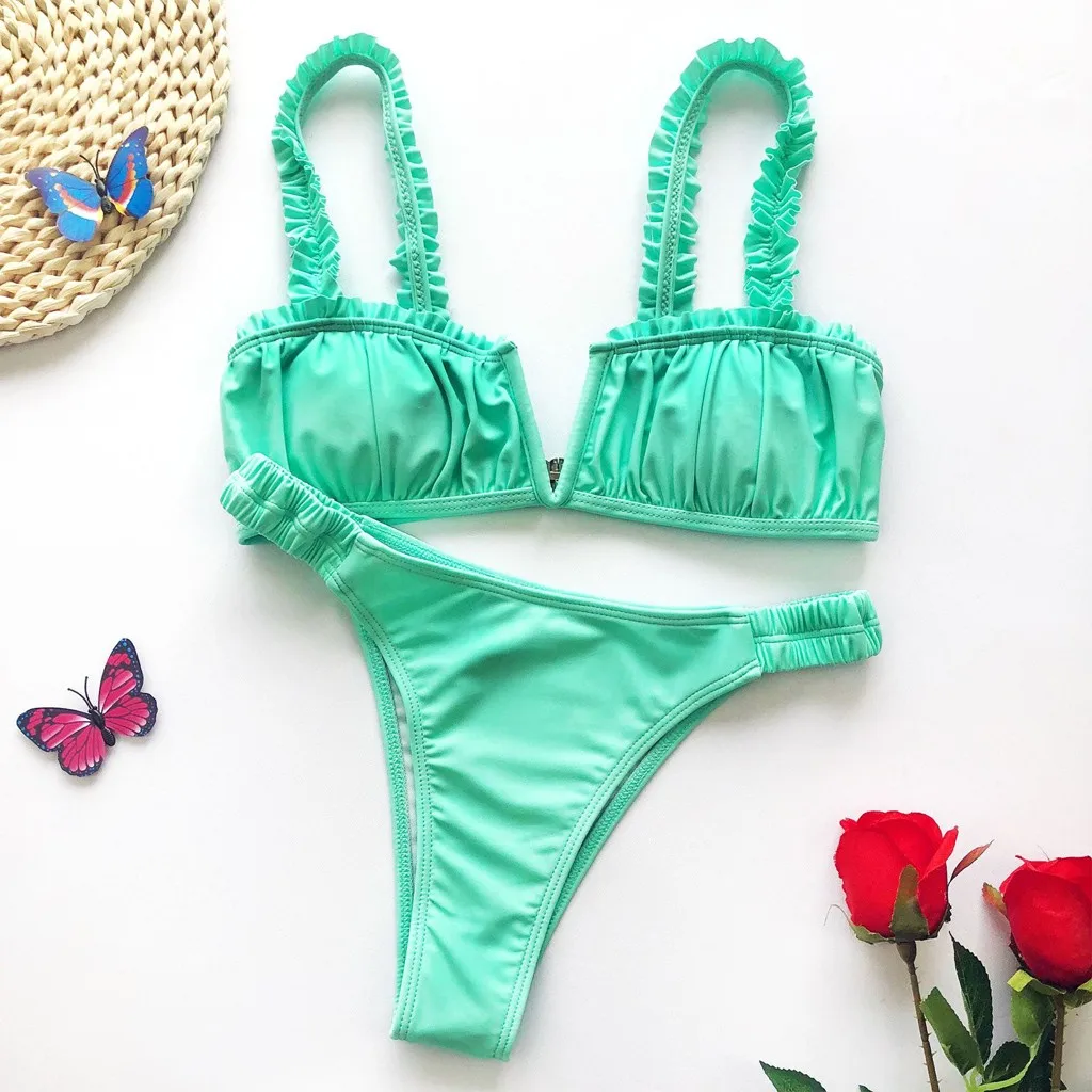 Женский купальник бикини с высоким вырезом микро wimsuit пуш ап однотонное женский