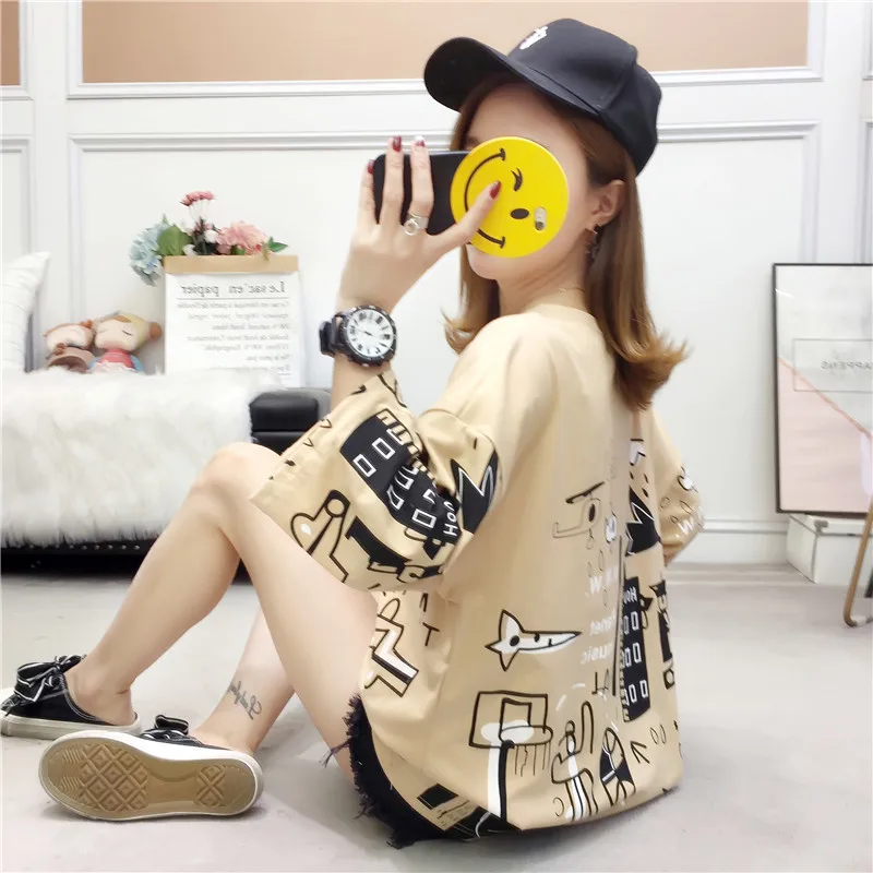 

fashion ulzzang loose short sleeve white tees high quality cotton t shirt korean geometric print tshirt All-match tops t-shirts