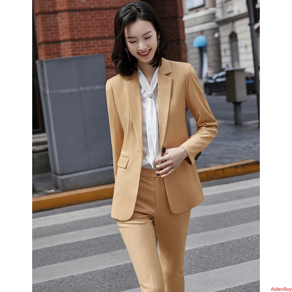 

High Quality Yellow Green Striped Women's Suit Pants 2 Piece Set Formal Elegant Ladies Blazer Jacket Business Work Trousers Suit