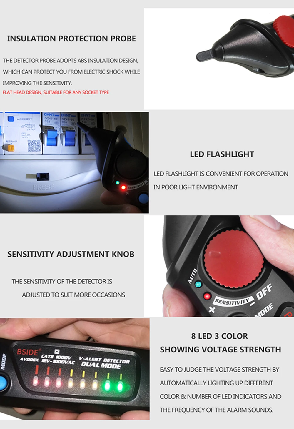 

Non-contact AC Voltage Tester Pen Shaped Detector Auto/Manual Dual Mode NCV Tester Live Wire Check with Adjustable Sound