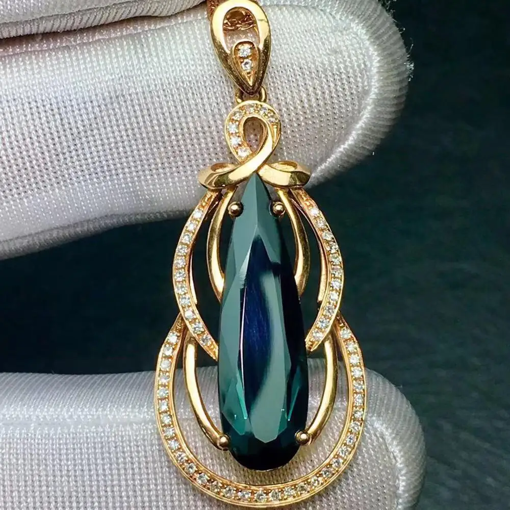 Женское колье из настоящего розового золота 18 К с синим турмалином 100%