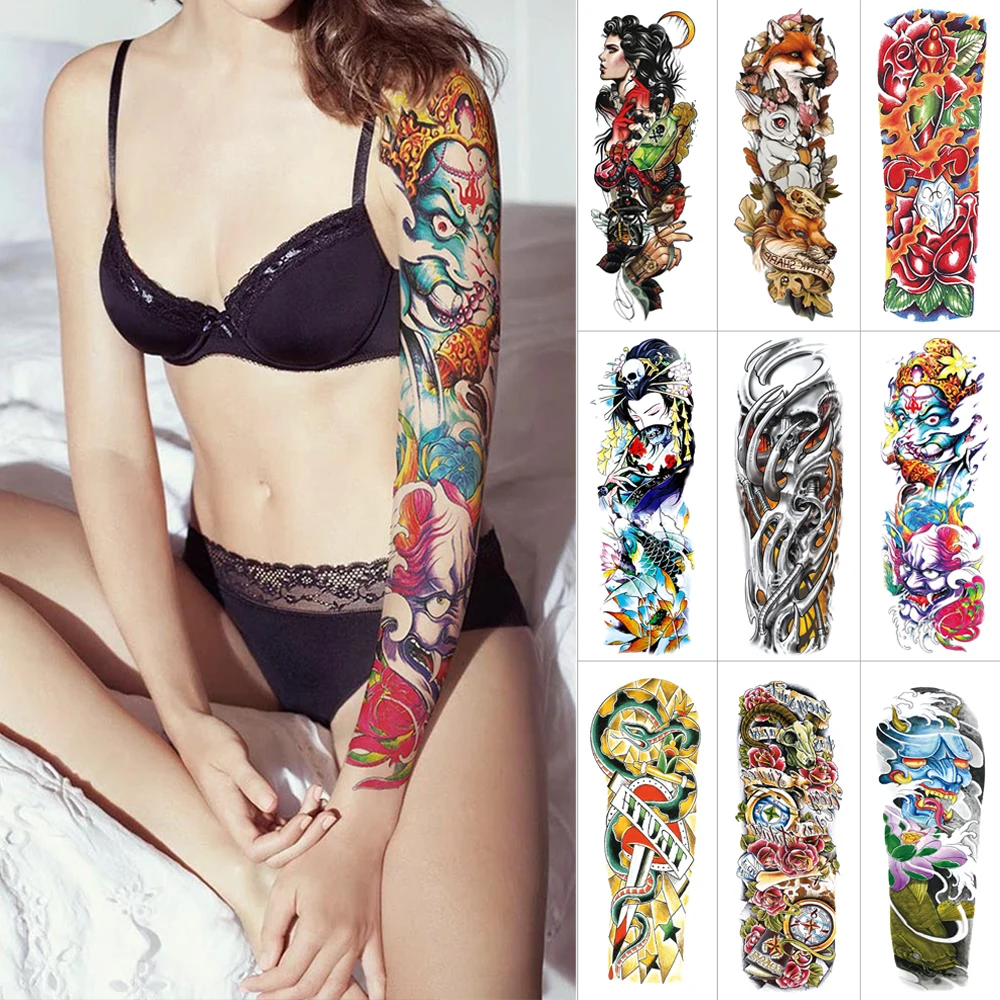 

Large temporary tattoo stickers Waterproof color tattoo Flower Skull skeleton Full arm tattoo sticker Sleeve tattoo