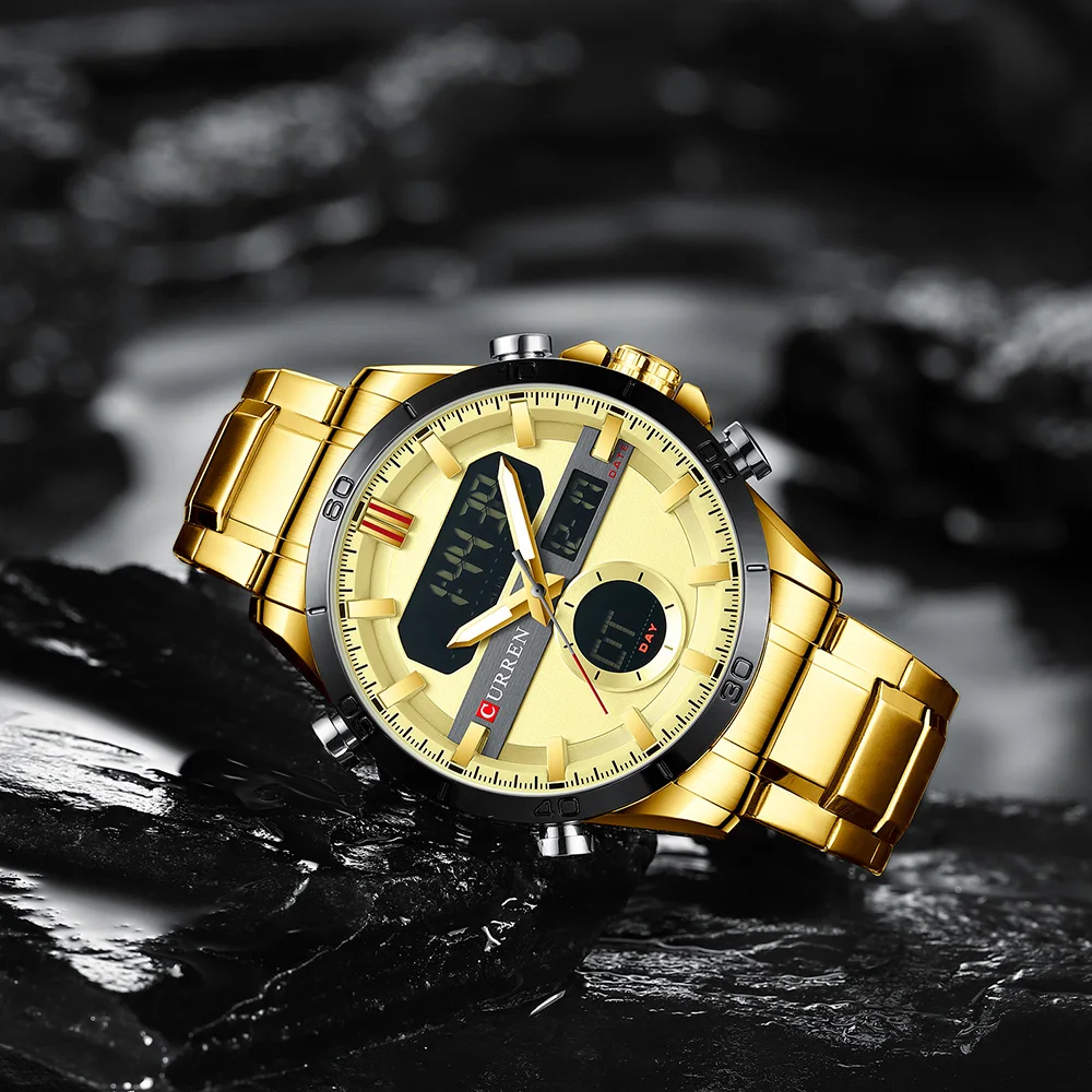 CURREN Fashion Sport Gold Men's Digital Watches with Stainless Steel Chronograph Luminou Wristwatch LED Male Wrist Watch For Men |