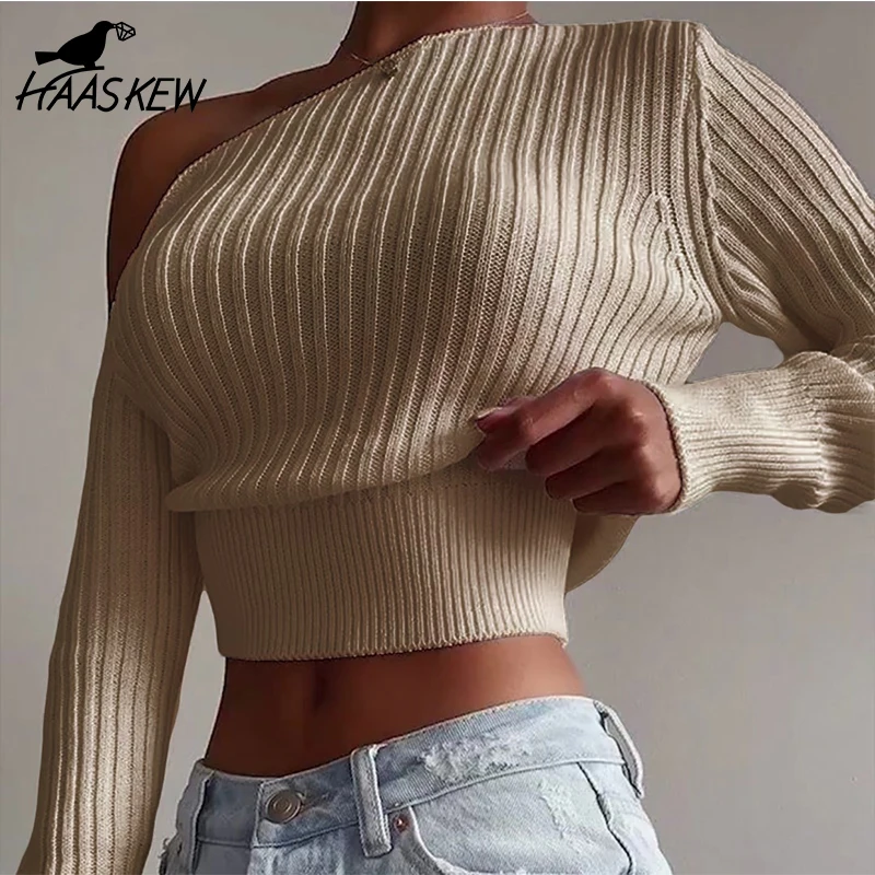 

HAASKEW New Sexy Off Shoulder Women' Sweater Jumper Long Sleeve Knitted Crop Tops Fashion Solid Lady Pullover Sweaters