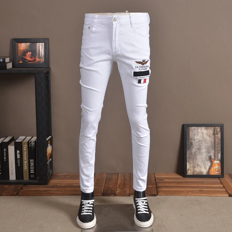 

Летние белые джинсы, мужские Модные эластичные джинсовые облегающие брюки с вышивкой
