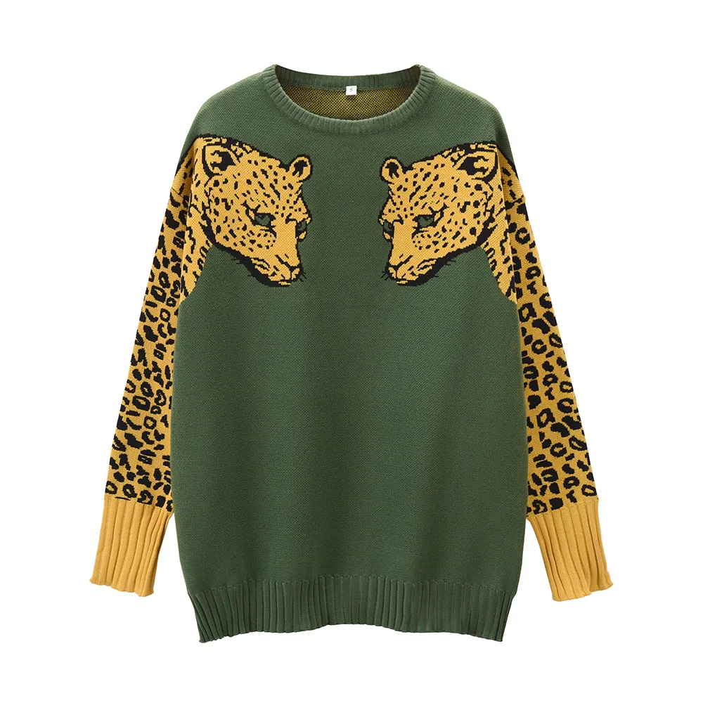 

2020 fall/winter women's jacket round neck leopard print long-sleeved wool sweater