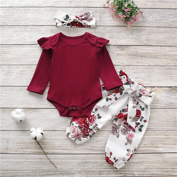 2020 Newborn Infant Baby Girl Clothes Set Spring Autumn Casual Flower Tops Romper Leggings Headband 3PCS Outfits | Мать и ребенок